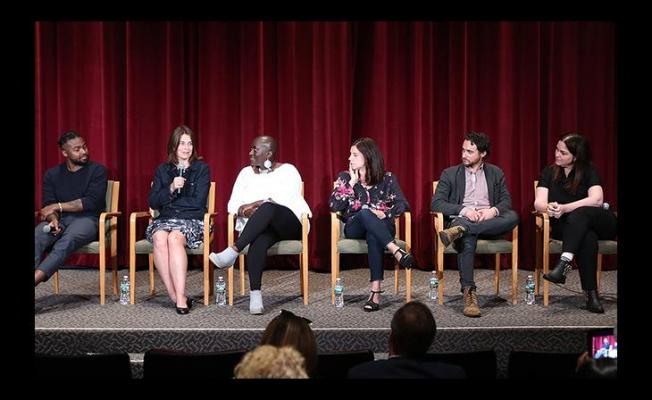 After the evening NDS Reel Screening, SHOOT Publisher, Roberta Griefer, moderated the "Meet A Few Of The New Directors" Panel. (l-r): director Andre Muir; Lisa Mehling of Chelsea Pictures; director Tamika Miller; director Lisa D'Apolito; director Zack Grant; and Kim Jose of Forsman & Bodenfors NY (photo: DougGoodman.com)