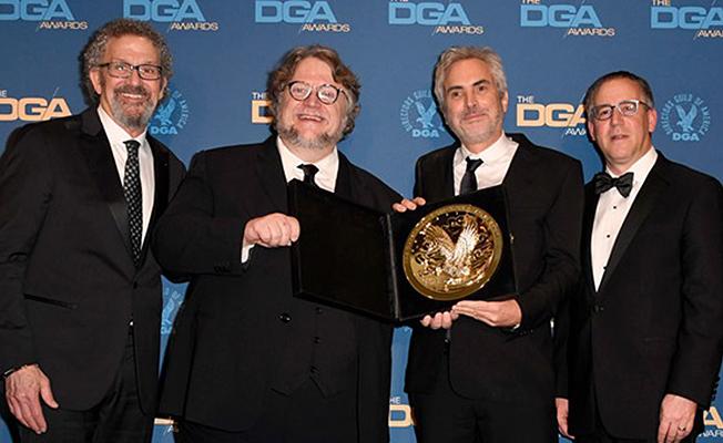 The DGA represents more than 17,500 directors and members of the directorial team working in film,TV, commercials, new media and other audiovisual media. (Shown l to r) Thomas Schlamme, DGA President, Director Guillermo del Toro, Alfonso Cuarón, Director, with his DGA Award for "Roma," Russell Hollander, DGA National Executive Director at the 71st Annual DGA Awards, in Los Angeles, February 2, 2019