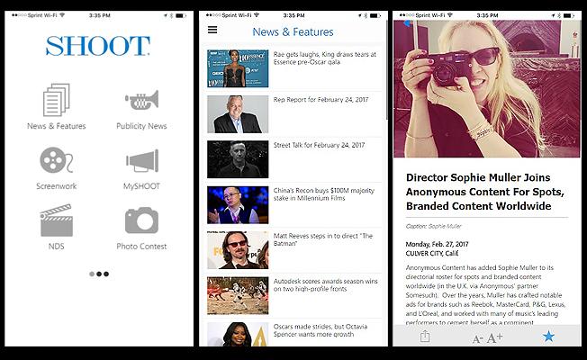 Through the app followers can access the latest industry news & features, publicity news, new screenwork & credits lists, company & talent profiles, enter & view the New Directors Showcase, enter & follow SHOOT contests, and more while on the go.