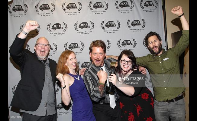 Winners of the Golden Trailer Award for Trashiest Trailer Tom Gundred, Kelly O'Neill, Bob Tripp, Kathryn Hollis and Kevin Braden attend the 17th Annual Golden Trailer Awards held at Saban Theatre on May 4, 2016 in Beverly Hills, California. (photo: Getty Images/Tommaso Boddi)