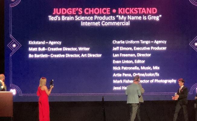 Ted’s Pain Cream "My Name Is Greg" winning Gold at last night’s 56th Dallas ADDYS award ceremony held at The Bomb Factory in Dallas