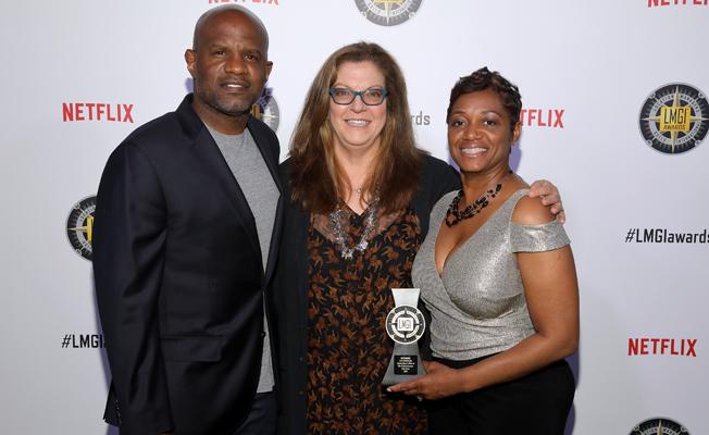 Atlanta Mayor's Office of Film and Entertainment win for Baby Driver accepted by Christopher Hicks and Cardellia Hunter presented by Lori Balton (center) at 5th Annual LMGI Awards. Photos by Craig T. Mathew and Greg Grudt/Mathew Imaging