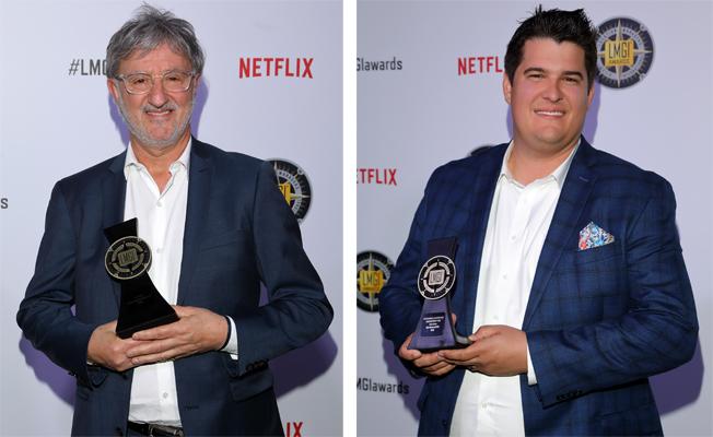 Rino Pace (L) recipient of the Lifetime Achievement Award and Kyle Hinshaw winner of the Outstanding Locations in a Contemporary Film for "Baby Driver" at the 5th Annual LMGI Awards. Photos by Craig T. Mathew and Greg Grudt/Mathew Imaging