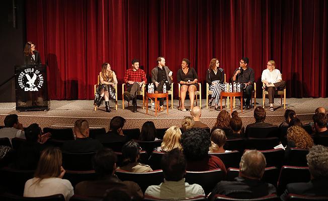 (L to R) "Meet the New Directors" 2017 panel: moderator Roberta Griefer and panelists Madison Wharton, DDB New York; James Shani, Madison + Vine; new directors Josh Franer, CoMPANY Films; Jenn Shaw; Jendra Jarnigan; Kiran and Sophie Walker of The Coles, Hey Wonderful.