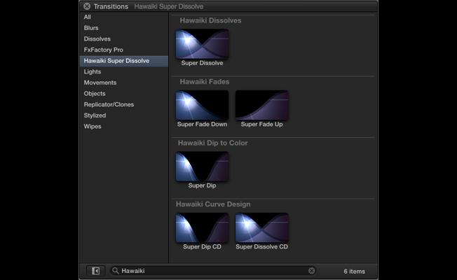 Hawaiki Super Dissolve comes with six separate modules which can be found under Hawaiki Super Dissolve in your Transitions browser. These are: Super Dissolve, Super Fade Down, Super Fade Up, Super Dip, Super Dip CD & Super Dissolve CD.